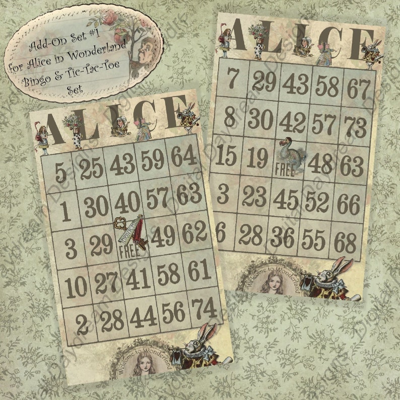 60-Card Printable Bingo Game Alice In Wonderland Instant Download Includes Tic-Tac-Toe game set image 5