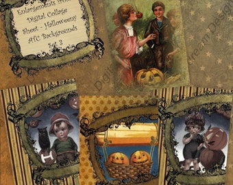 Puede incluir: Un conjunto de tres hojas de collage digital con imágenes de temática de Halloween. Las imágenes incluyen niños disfrazados, calabazas talladas y un globo aerostático con calabazas. El texto en la imagen dice "Enlargements from Digital Collage Sheet - Halloweeny ATC Backgrounds Set 3".