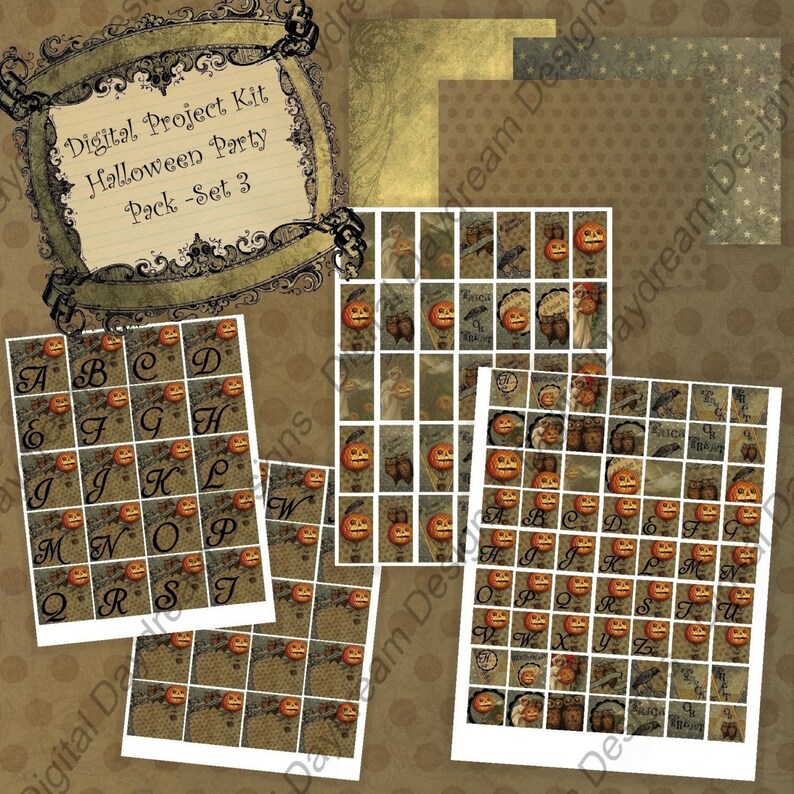 May include: A digital project kit for Halloween parties, featuring a set of printable alphabet tiles with a vintage pumpkin design. The tiles are arranged in alphabetical order and are ready to be cut out and used for crafts or decorations.