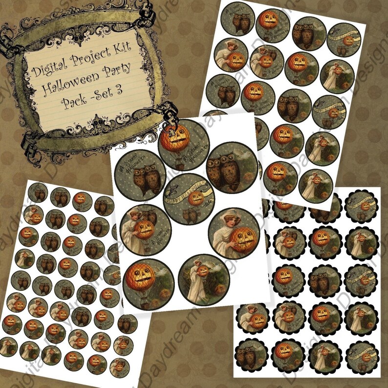 May include: Digital project kit for a Halloween party, featuring printable images of owls, pumpkins, and a girl holding a jack-o'-lantern. The kit includes a variety of sizes and styles of images, perfect for creating party decorations, favours, or other crafts.