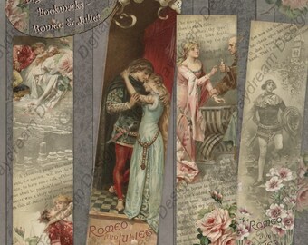 Druckbare Lesezeichen „Romeo und Julia“, Sofort-Download, DIY-Geschenkset, digitales Shakespeare-Lesezeichen-Set, Collage-Blatt zum Ausdrucken