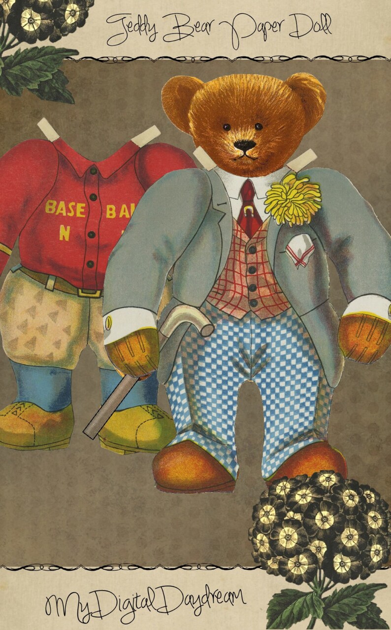 Peut inclure: Une poup&eacute;e en papier vintage d'un ours en peluche portant un costume gris, un gilet rouge et un pantalon &agrave; carreaux bleus et blancs. L'ours tient une canne et a une fleur jaune sur sa boutonni&egrave;re. La poup&eacute;e en papier est intitul&eacute;e "Teddy Bear Paper Doll" et "My Digital Daydream".