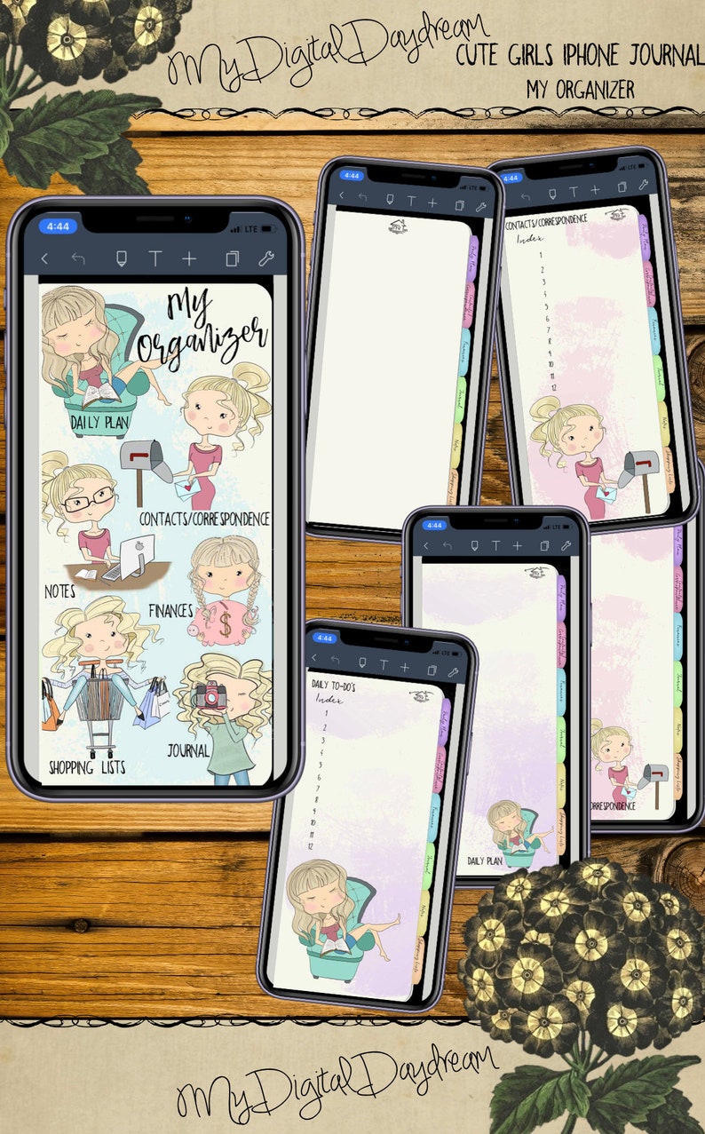 Hyperlinked Digital Tabbed Cute Girls Organizers Complete Set for iPhone, PDF, use in any notetaking app image 5
