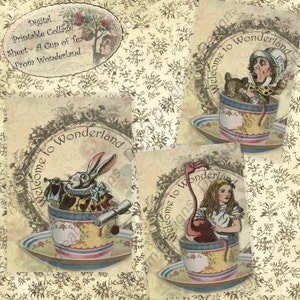 Download istantaneo digitale stampabile Alice nel paese delle meraviglie Collage foglio cartoline formato ATC o set di etichette regalo - Una tazza di tè dal paese delle meraviglie