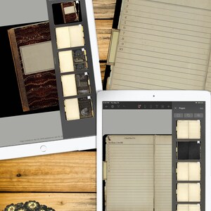 K&ouml;nnte beinhalten: Digitales Junk-Journal, dargestellt auf zwei Tablets, mit Seiten im Vintage-Stil und einem Inhaltsverzeichnis. Die Tablets befinden sich auf einer Holzoberfl&auml;che, mit floralen und textlichen Elementen. Der Text enth&auml;lt "Hyperlinked Digital Junk Journal".