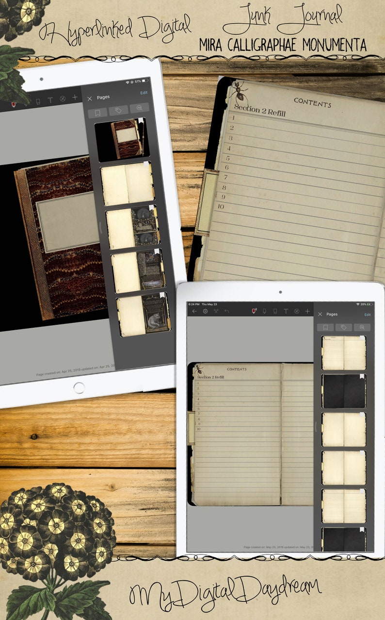 K&ouml;nnte beinhalten: Digitales Junk-Journal, dargestellt auf zwei Tablets, mit Seiten im Vintage-Stil und einem Inhaltsverzeichnis. Die Tablets befinden sich auf einer Holzoberfl&auml;che, mit floralen und textlichen Elementen. Der Text enth&auml;lt "Hyperlinked Digital Junk Journal".