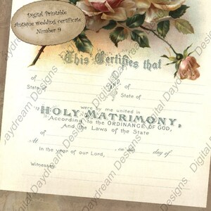 Puede incluir: Un certificado de boda antiguo imprimible con un dise&ntilde;o floral. El certificado tiene el texto "This Certifies that" y "Holy Matrimony" en escritura cursiva. El texto "Digital Printable Antique Wedding Certificate Number 9" est&aacute; en la esquina superior izquierda.
