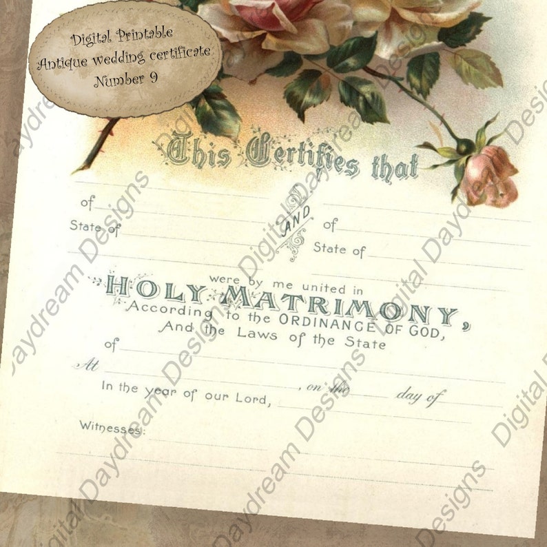 Puede incluir: Un certificado de boda antiguo imprimible con un dise&ntilde;o floral. El certificado tiene el texto "This Certifies that" y "Holy Matrimony" en escritura cursiva. El texto "Digital Printable Antique Wedding Certificate Number 9" est&aacute; en la esquina superior izquierda.