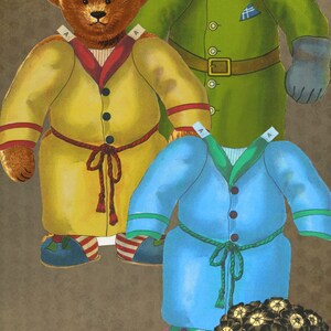 Peut inclure: Un ensemble de poup&eacute;es en papier vintage repr&eacute;sentant un ours en peluche portant diff&eacute;rentes tenues. Les tenues comprennent une robe jaune avec une ceinture rouge, un uniforme militaire vert avec un patch bleu et une robe bleue avec une ceinture verte. L'ensemble de poup&eacute;es en papier est imprim&eacute; sur un fond brun avec un motif floral.
