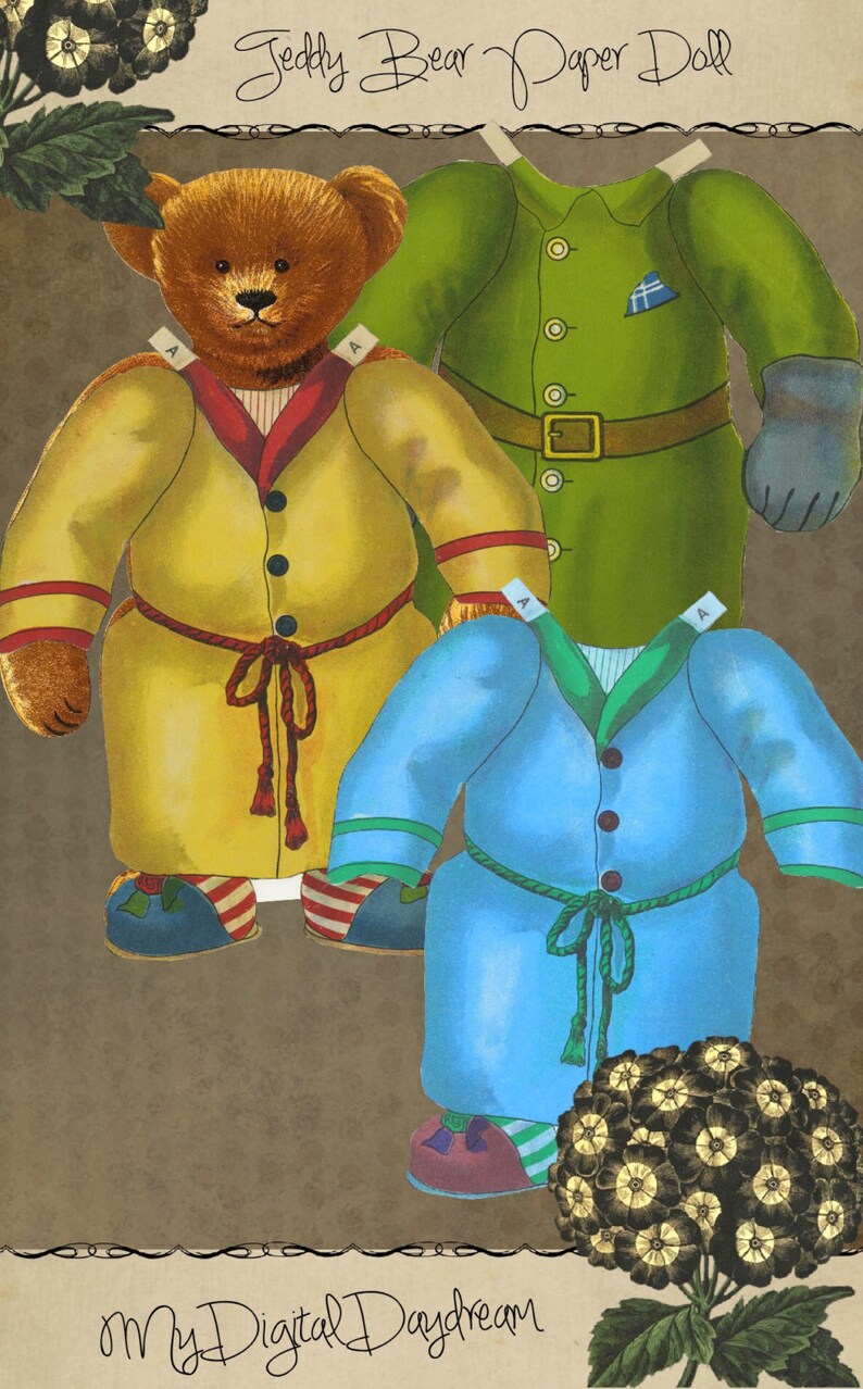 Peut inclure: Un ensemble de poup&eacute;es en papier vintage repr&eacute;sentant un ours en peluche portant diff&eacute;rentes tenues. Les tenues comprennent une robe jaune avec une ceinture rouge, un uniforme militaire vert avec un patch bleu et une robe bleue avec une ceinture verte. L'ensemble de poup&eacute;es en papier est imprim&eacute; sur un fond brun avec un motif floral.