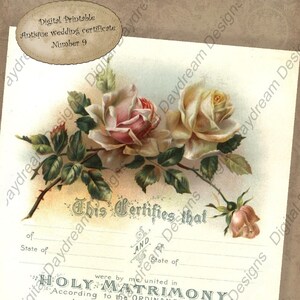 Puede incluir: Certificado de boda antiguo con un dise&ntilde;o floral con dos rosas, una rosa rosa y una rosa blanca, con hojas verdes. El texto "This Certifies that" est&aacute; impreso en tinta negra.