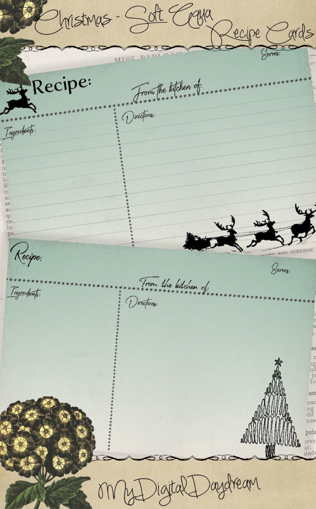 4x6 Holiday Christmas Printable Vintage Soft Aqua Pastel Recipe Card