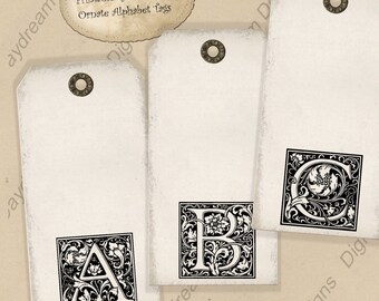 Hoja de collage de etiquetas de regalo con alfabeto adornado, sencillas e imprimibles, para descargar digitalmente