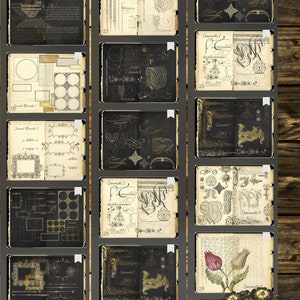 K&ouml;nnte beinhalten: Digitales Junk-Journal mit Seiten im Vintage-Stil. Das Journal enth&auml;lt handgeschriebenen Text, Kalligraphie und dekorative Elemente in Schwarz-, Gold- und Cremet&ouml;nen. Der Text "Hyperlinked Digital Junk Journal" und "Mira Calligraphae Monumenta" sind sichtbar.