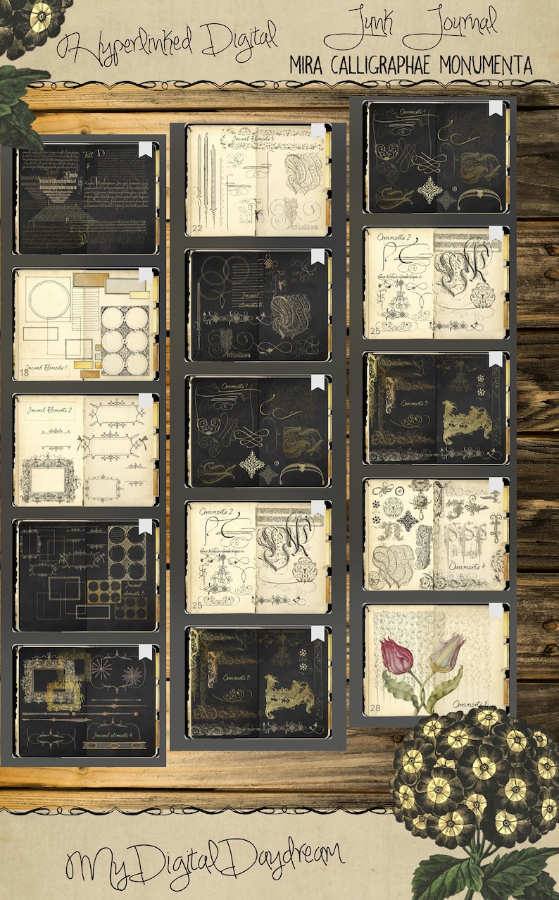 K&ouml;nnte beinhalten: Digitales Junk-Journal mit Seiten im Vintage-Stil. Das Journal enth&auml;lt handgeschriebenen Text, Kalligraphie und dekorative Elemente in Schwarz-, Gold- und Cremet&ouml;nen. Der Text "Hyperlinked Digital Junk Journal" und "Mira Calligraphae Monumenta" sind sichtbar.