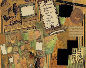 May include: A digital scrapbook kit with a Victorian Halloween theme. The kit includes 12 papers, 3 photo mats, 4 frames, 15 PNG files, 26 tags, and 27 buttons. The kit features a variety of spooky and whimsical designs, including owls, spiders, bats, and pumpkins. The colors are mostly brown, green, and black.