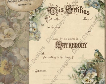 Printable Wedding Marriage Certificate Instant Download Pansies No 17 Vintage Wedding Digital  Download DIY Wedding Shower Gift Nonreligious