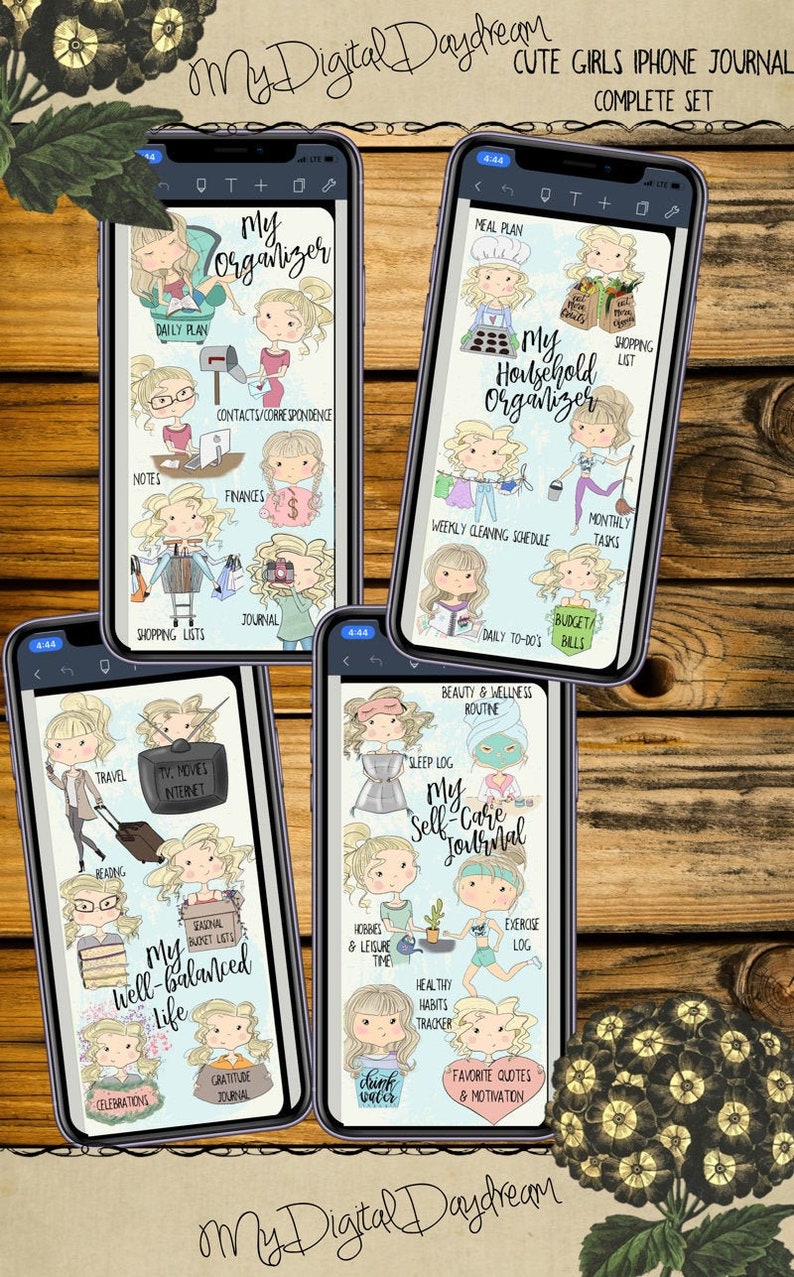 Hyperlinked Digital Tabbed Cute Girls Organizers Complete Set for iPhone, PDF, use in any notetaking app image 1