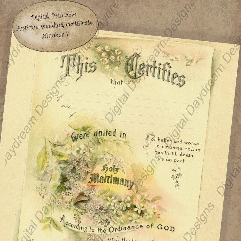 Op de afbeelding: Een antiek huwelijkscertificaat met een bloemenontwerp en de tekst "This Certifies that... were united in Holy Matrimony according to the Ordinance of GOD and that... for better and worse, in sickness and in health, till death us do part."