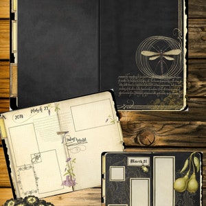 K&ouml;nnte beinhalten: Digitales Junk-Journal im Vintage-Stil. Das Journal zeigt schwarze und cremefarbene Seiten mit dekorativen Elementen, darunter eine Libellen-Illustration, florale Akzente und den Text "Hyperlinked Digital Junk Journal". Das Journal liegt auf einer Holzoberfl&auml;che.