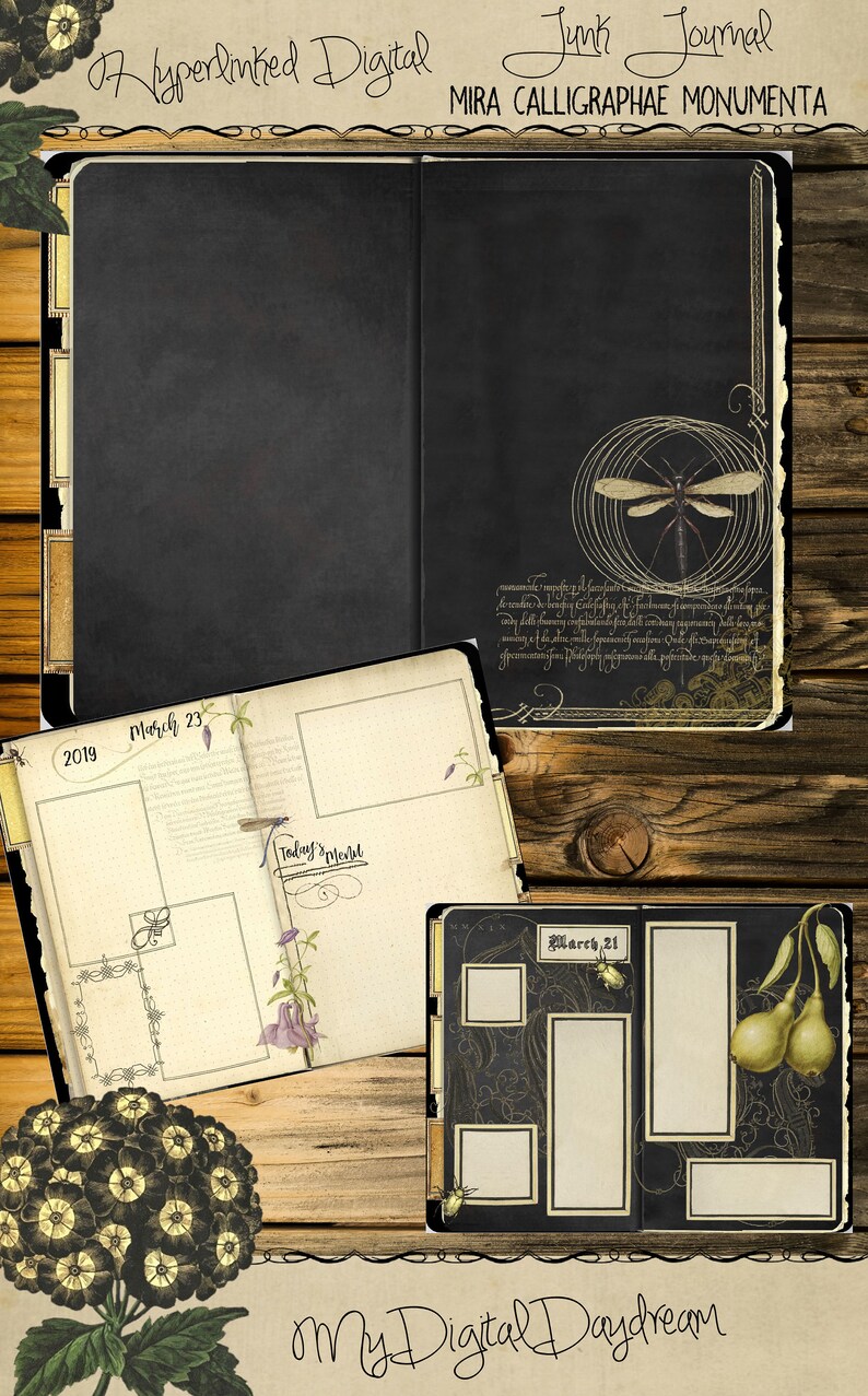 K&ouml;nnte beinhalten: Digitales Junk-Journal im Vintage-Stil. Das Journal zeigt schwarze und cremefarbene Seiten mit dekorativen Elementen, darunter eine Libellen-Illustration, florale Akzente und den Text "Hyperlinked Digital Junk Journal". Das Journal liegt auf einer Holzoberfl&auml;che.