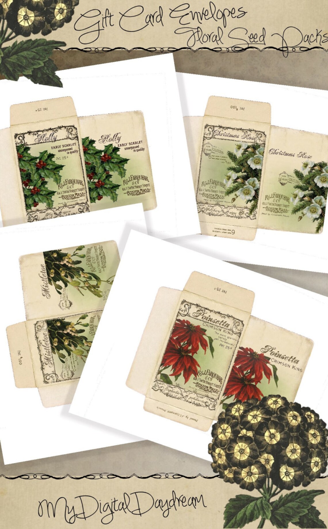 Printable Holiday Gift Card Envelopes Set Vintage Christmas Etsy