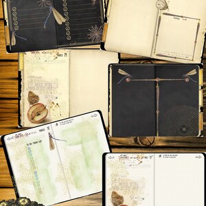 K&ouml;nnte beinhalten: Digitales Junk-Journal mit offenen Seiten. Das Journal zeigt Libellen- und Schmetterlingsillustrationen sowie den Text "Hyperlinked Digital Junk Journal MIRA CALLIGRAPHAE MONUMENTA". Die Seiten haben eine Vintage-&Auml;sthetik mit Aquarell- und Blumenelementen.
