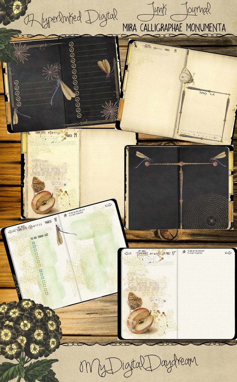K&ouml;nnte beinhalten: Digitales Junk-Journal mit offenen Seiten. Das Journal zeigt Libellen- und Schmetterlingsillustrationen sowie den Text "Hyperlinked Digital Junk Journal MIRA CALLIGRAPHAE MONUMENTA". Die Seiten haben eine Vintage-&Auml;sthetik mit Aquarell- und Blumenelementen.