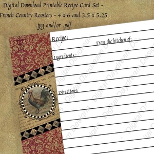 Instant Download Digital Printable Project Kit - Recipe Cards, French Country Roosters jpg and pdf