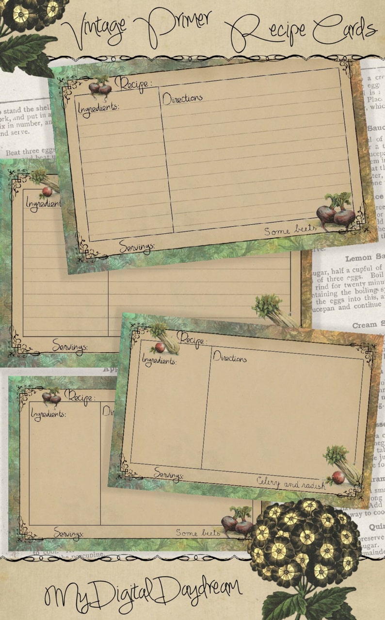 May include: Four vintage recipe cards with a green and brown floral design. Each card has a section for ingredients, directions, servings, and some beets. The cards are perfect for recording your favorite recipes.