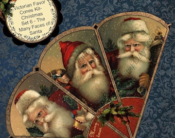 Christmas Cones Instant Download Digital Printable Christmas Victorian Favor Cone Kit Set 6 - The Many Faces of Santa Claus