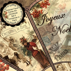 Christmas in Paris-  Digital Printable Victorian Favor Cone Kit Set 5 Instant Download Party Cones
