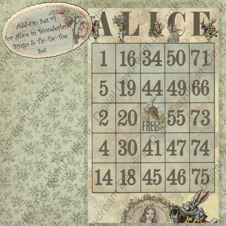 60-Card Printable Bingo Game Alice In Wonderland Instant Download Includes Tic-Tac-Toe game set image 4