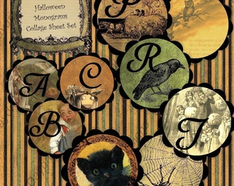 Téléchargement immédiat de feuille de Collage numérique - Halloween monogramme Alphabet cercle de 2 pouces de taille imprimable