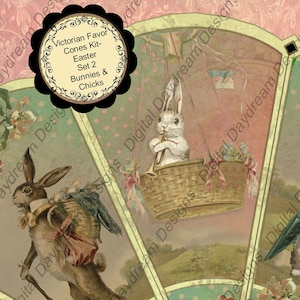 Instant Download Digital Printable Easter  Victorian Favor Cone Kit Set 2 - Chicks and Bunnies