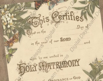 Certificado de boda imprimible Certificado de matrimonio Descarga instantánea No 14 Boda de verano Mariposas florales Boda victoriana tradicional