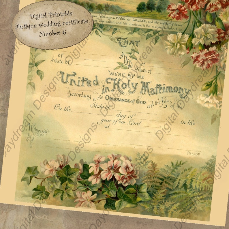 Wedding Keepsake Printable Wedding Certificate Marriage Certificate Instant Download No 6 Vintage Victorian Digital DIY Wedding Shower Gift image 3