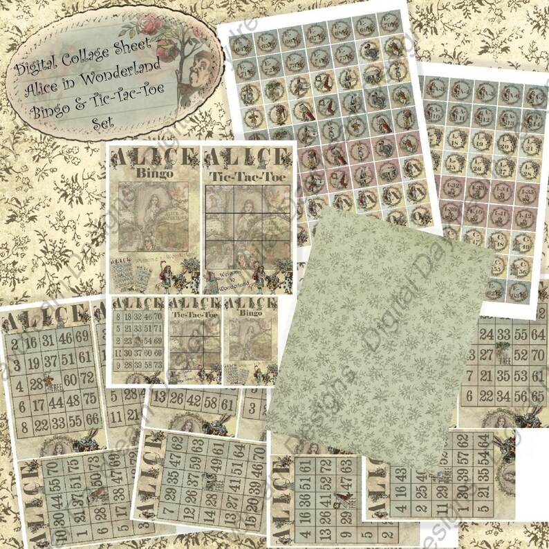 60-Card Printable Bingo Game Alice In Wonderland Instant Download Includes Tic-Tac-Toe game set image 3