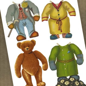 Peut inclure: Un ensemble de poup&eacute;es en papier vintage repr&eacute;sentant un ours en peluche avec plusieurs tenues. Les tenues comprennent un costume bleu avec un gilet &agrave; motifs, une robe jaune et une veste de style militaire verte. L'ensemble de poup&eacute;es en papier est imprim&eacute; sur du papier blanc avec une bordure brune.