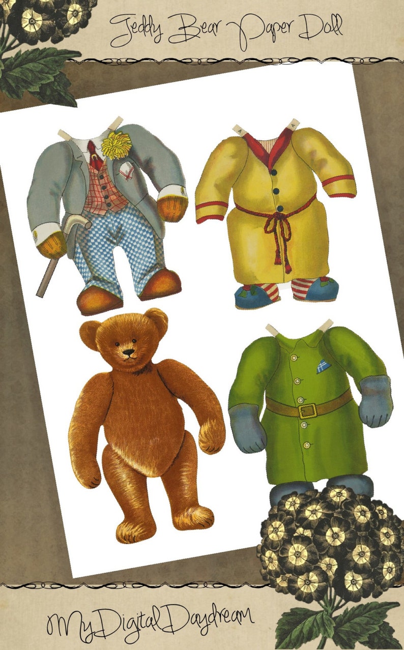 Peut inclure: Un ensemble de poup&eacute;es en papier vintage repr&eacute;sentant un ours en peluche avec plusieurs tenues. Les tenues comprennent un costume bleu avec un gilet &agrave; motifs, une robe jaune et une veste de style militaire verte. L'ensemble de poup&eacute;es en papier est imprim&eacute; sur du papier blanc avec une bordure brune.