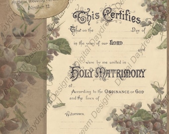 Wedding Printables Certificate Marriage Certificate Instant Download No 12 Traditional Wording - Spring Wedding Violets  Digital Download