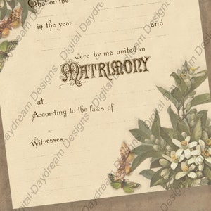 Printable Wedding Certificate Marriage Certificate Instant Download No 14 Summer Wedding Floral Butterflies Victorian Wedding Non-religious image 2