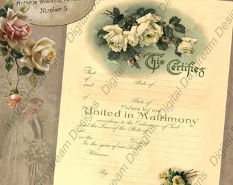 Certificado de boda imprimible Certificado de matrimonio Descarga instantánea No 5 Vintage Victorian Wedding Digital Descargar DIY Wedding Shower Gift