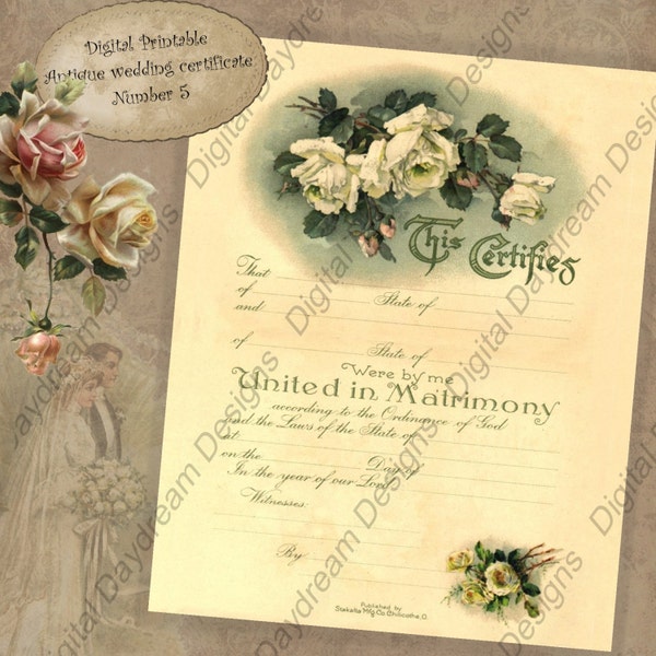 Printable Wedding Certificate Marriage Certificate Instant Download No 5 Vintage Victorian Wedding Digital Download DIY Wedding Shower Gift