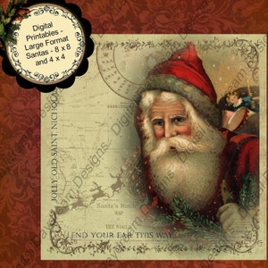 May include: Vintage illustration of Santa Claus with a white beard and red hat, holding a sack of gifts. The background is a map with the text "Santa's Route Map" and "The World Lend Your Ear This Way..."