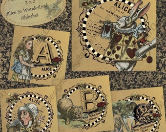 Instant Download Digital Printable Collage Sheet - Alice Alphabet in Tan -2 x 2 size in jpg, png or pdf