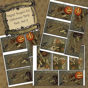 May include: A digital project kit for a Halloween party with a vintage aesthetic. The kit includes images of owls, jack-o-lanterns, and other Halloween imagery. The text on the images includes "Happy Halloween", "Witch Brew", and "Trick or Treat".