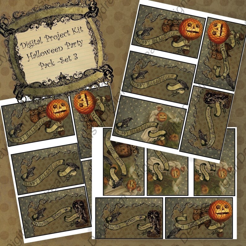 May include: A digital project kit for a Halloween party with a vintage aesthetic. The kit includes images of owls, jack-o-lanterns, and other Halloween imagery. The text on the images includes "Happy Halloween", "Witch Brew", and "Trick or Treat".