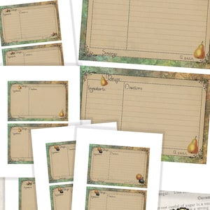 May include: Printable vintage recipe cards with a pear illustration. The cards have a green and brown background with a cream-colored writing area. The text on the cards reads "Recipe", "Ingredients", "Directions", and "Servings".