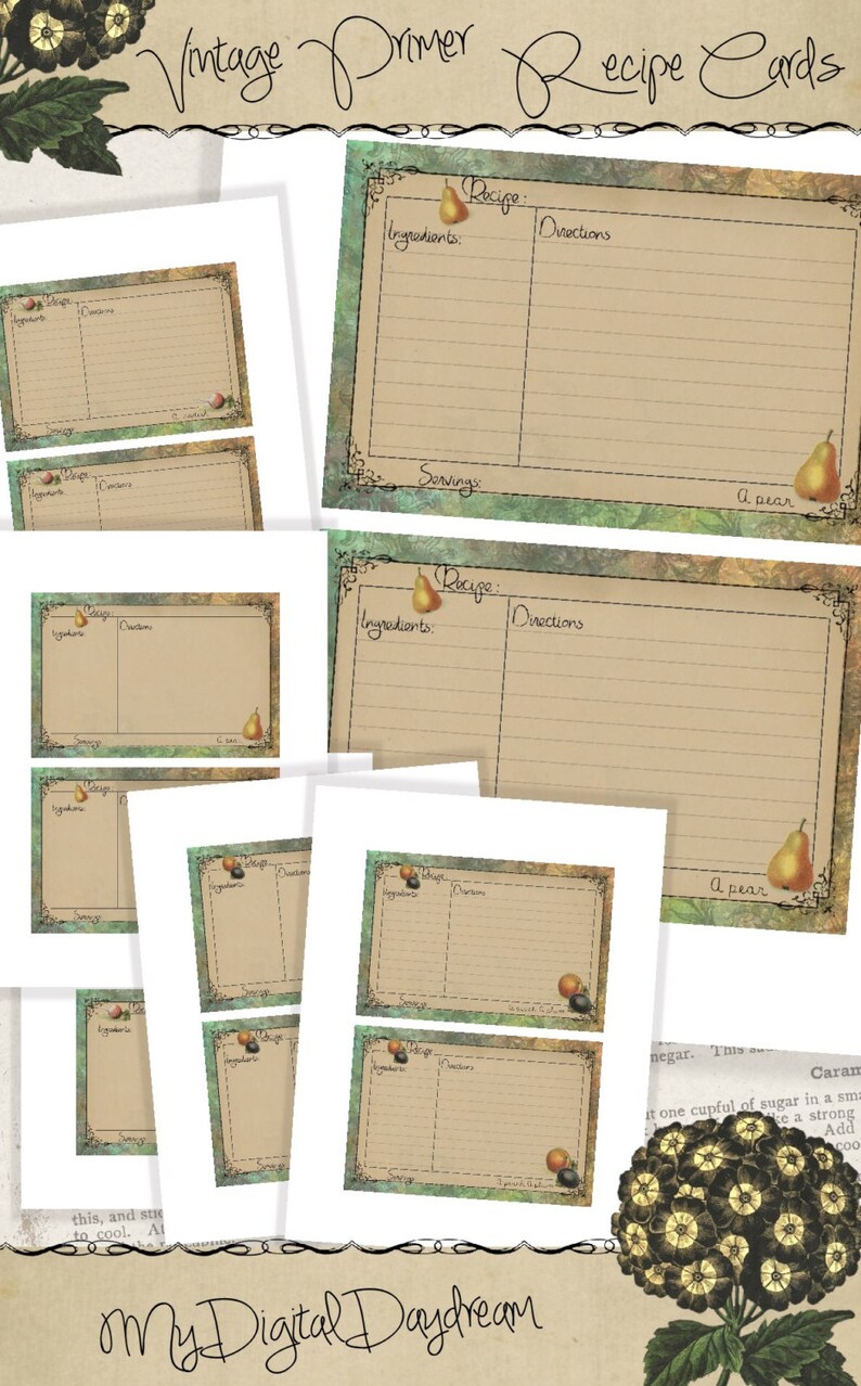 May include: Printable vintage recipe cards with a pear illustration. The cards have a green and brown background with a cream-colored writing area. The text on the cards reads "Recipe", "Ingredients", "Directions", and "Servings".